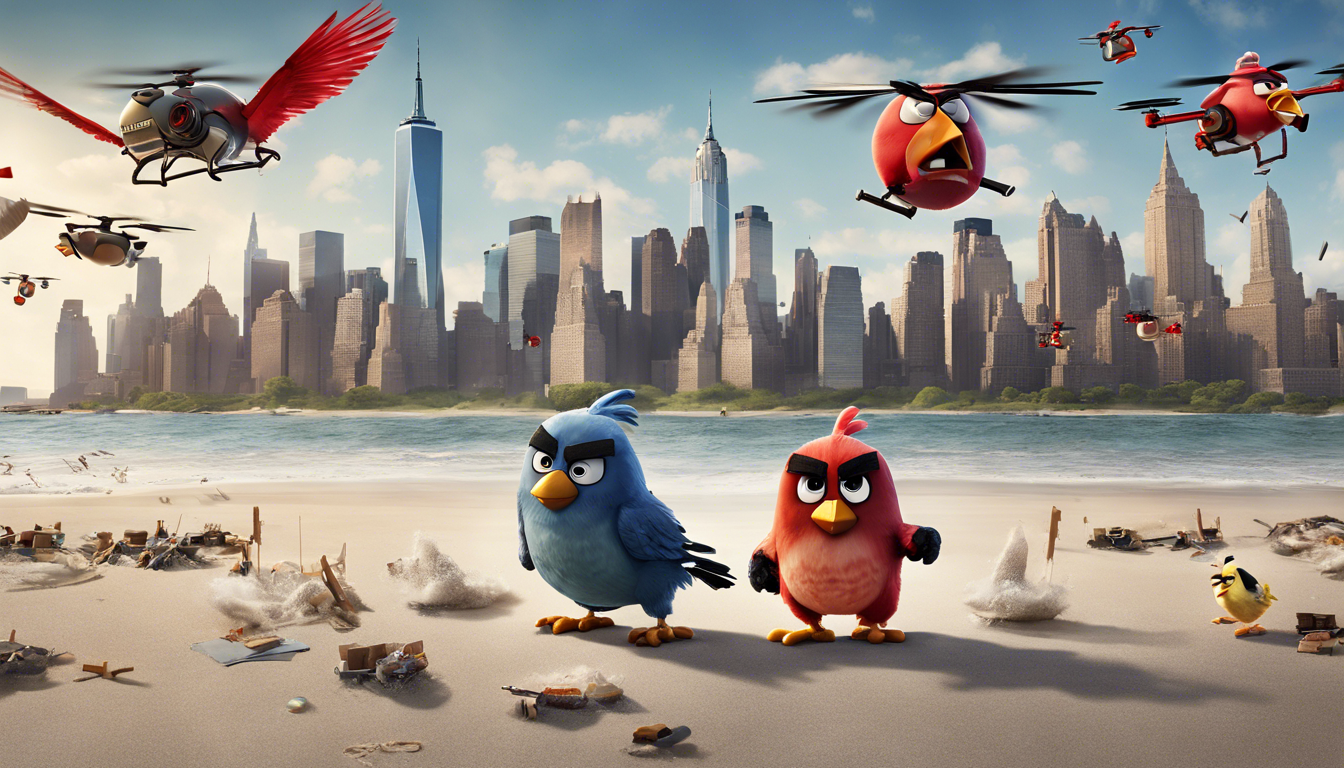 découvrez ce qui se passe lorsque les angry birds affrontent des drones sur une plage de new york dans ce jeu palpitant et déjanté !