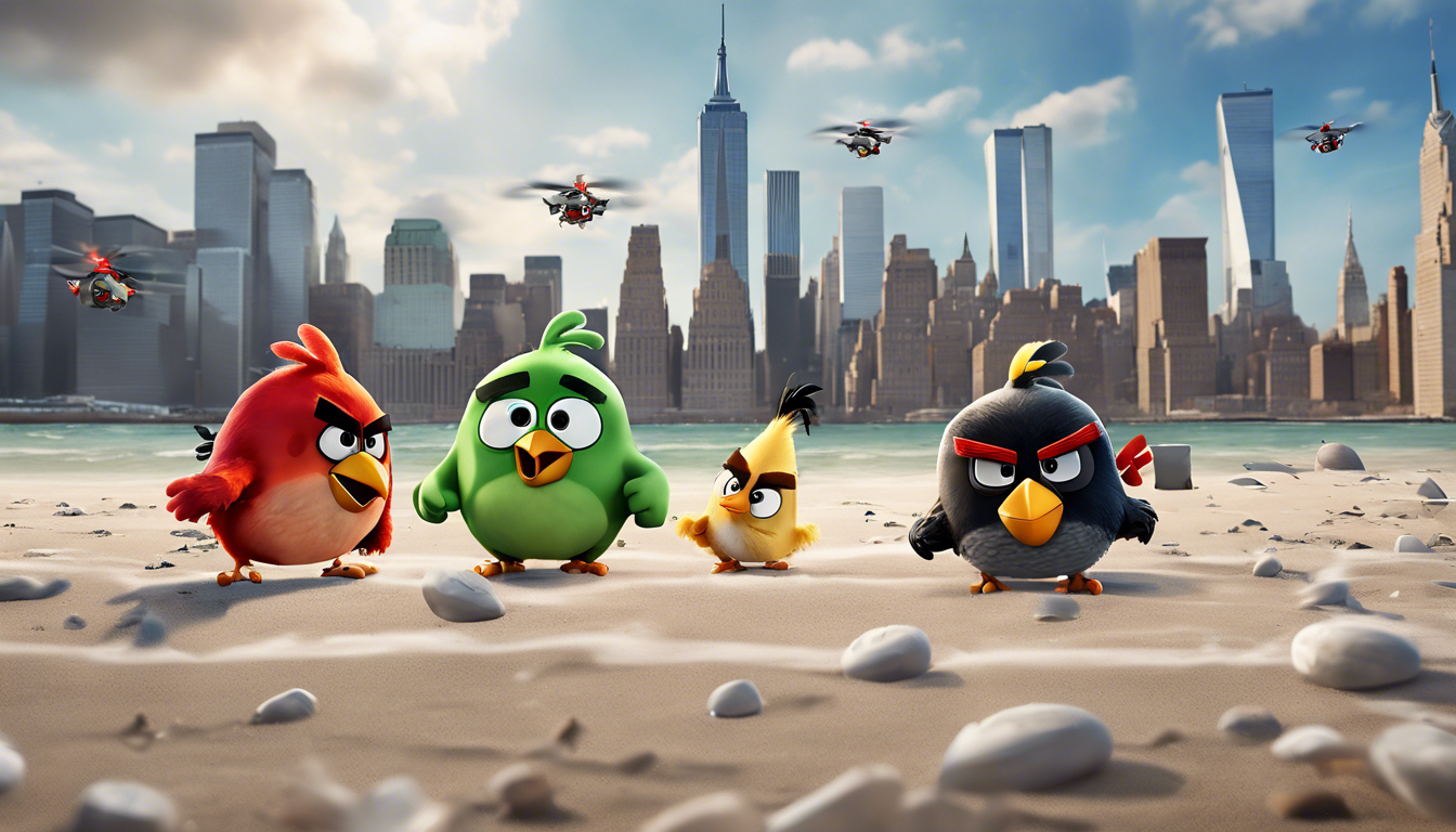 découvrez ce qui se passe lorsque les angry birds font face à des drones sur une plage de new york dans cette aventure pleine d'action et de rebondissements.