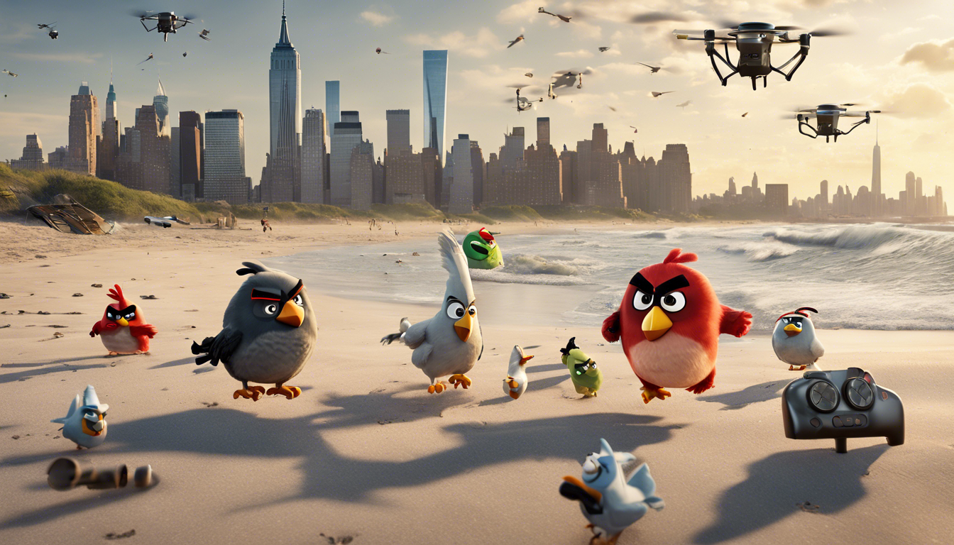 découvrez ce qui se passe lorsque les angry birds rencontrent des drones sur une plage de new york dans cette aventure captivante et pleine d'action.