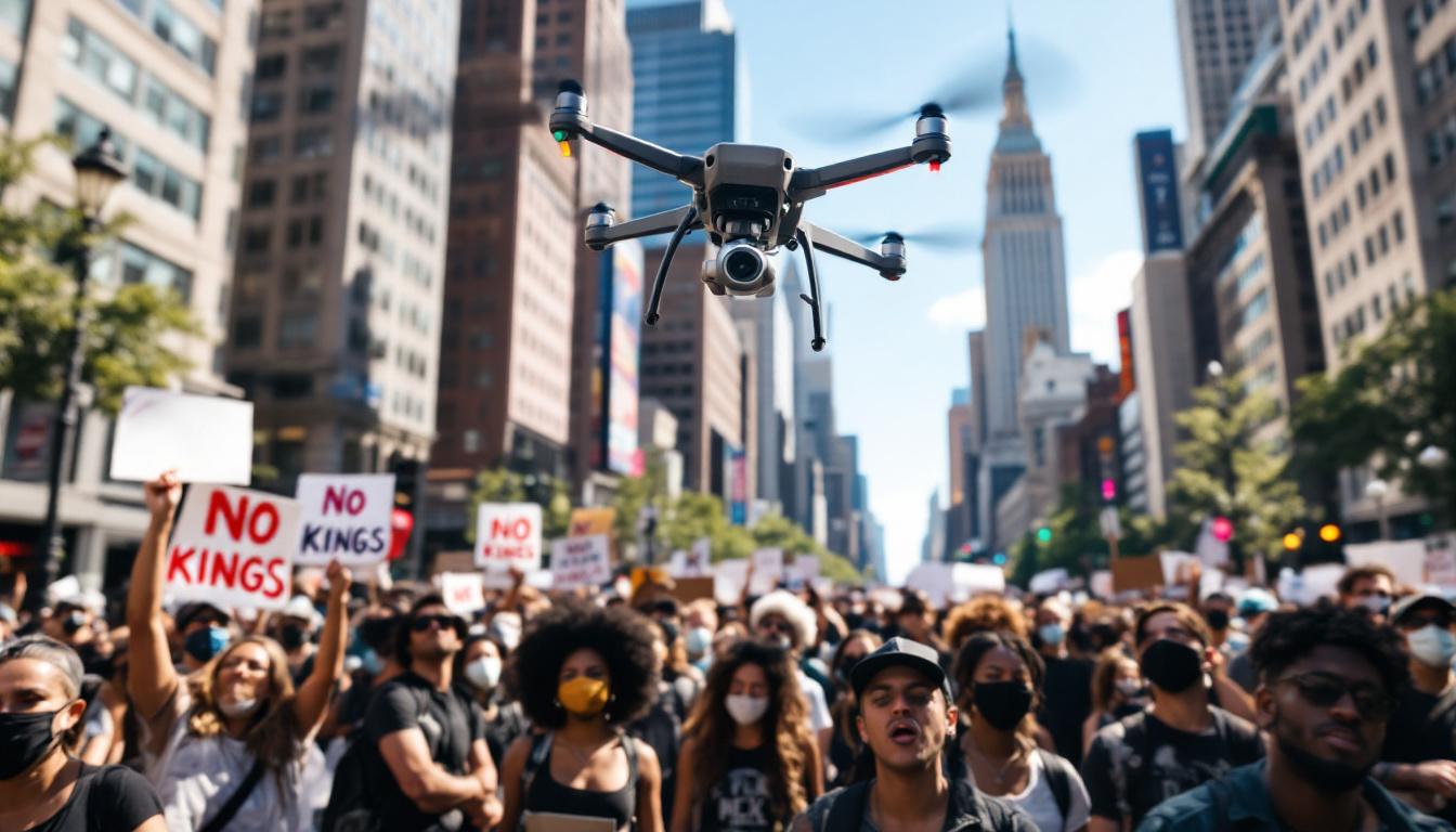 découvrez comment le nypd déploie un drone skydio pour surveiller les manifestations no kings sur la cinquième avenue, alliant technologie et sécurité publique dans un contexte de tensions sociales.