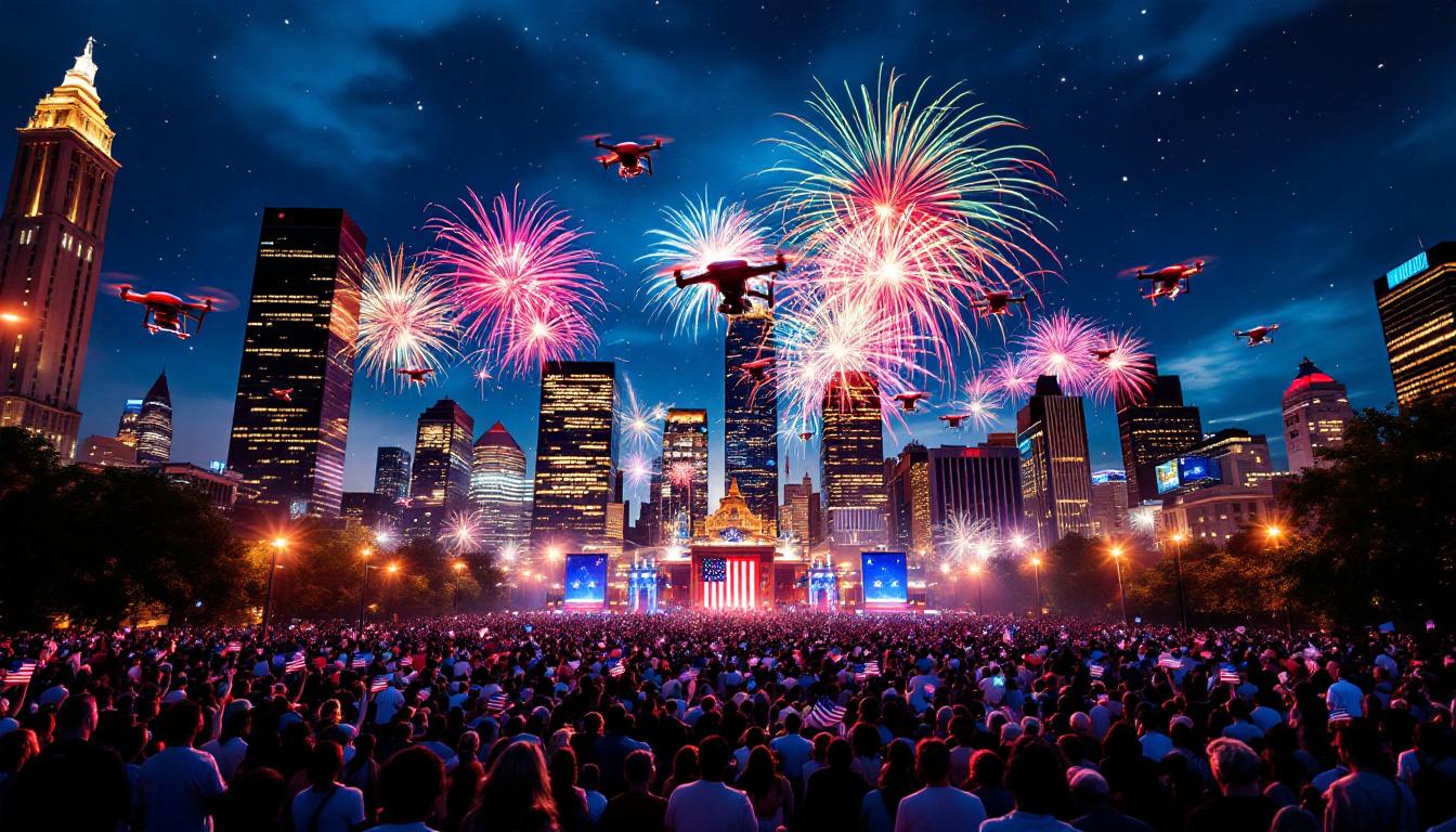 découvrez sky elements, pionnier des spectacles de drones, qui ambitionne de battre des records mondiaux lors de ses performances spectaculaires du 4 juillet à travers les états-unis. un spectacle lumineux à ne pas manquer pour célébrer l'indépendance avec innovation et émerveillement.