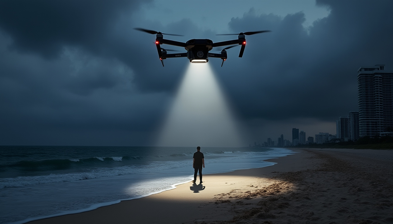 découvrez comment un drone de la police de sunny isles repère un individu suspect sur une plage sombre, illustrant l'efficacité de la surveillance moderne pour assurer la sécurité nocturne.