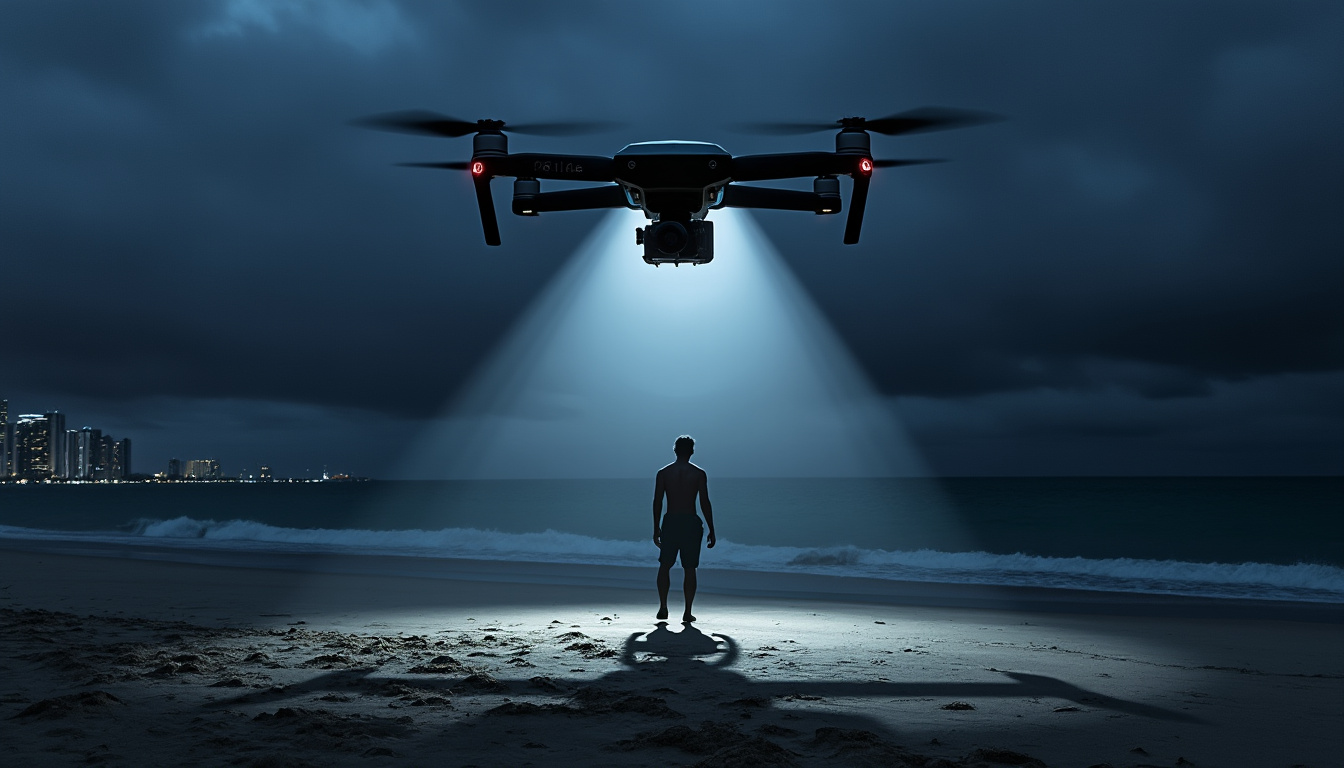 un drone de la police de sunny isles repère un individu suspect sur une plage sombre, renforçant la sécurité nocturne grâce à une surveillance technologique de pointe.