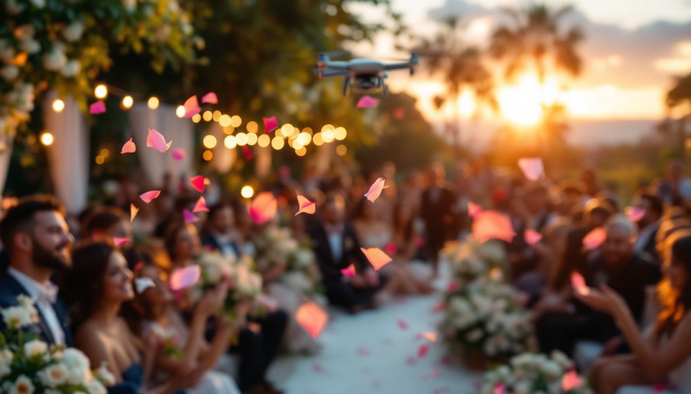 offrez une animation drone inoubliable pour votre mariage : un spectacle aérien unique, plein d’émotion et de romantisme, qui émerveillera vos invités et rendra votre journée vraiment exceptionnelle !