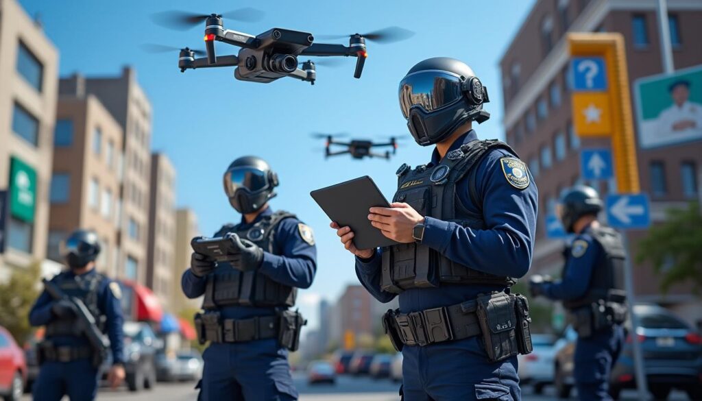 Force de l'ordre utilisant des drones dans la rue