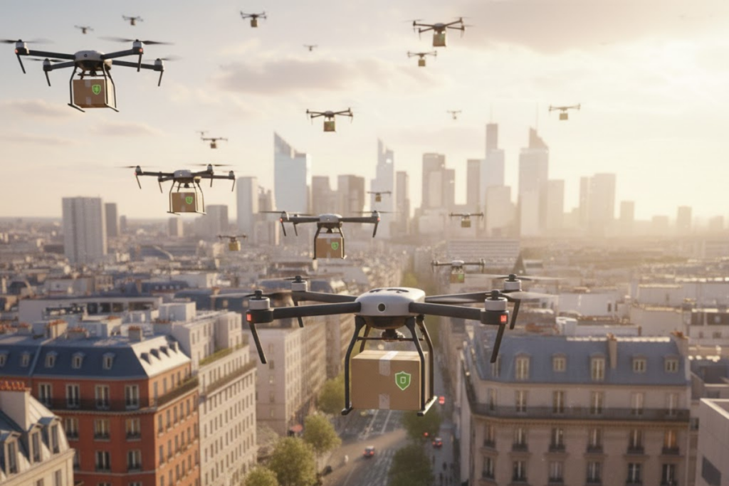 Livraison par drone dans un paysage urbain