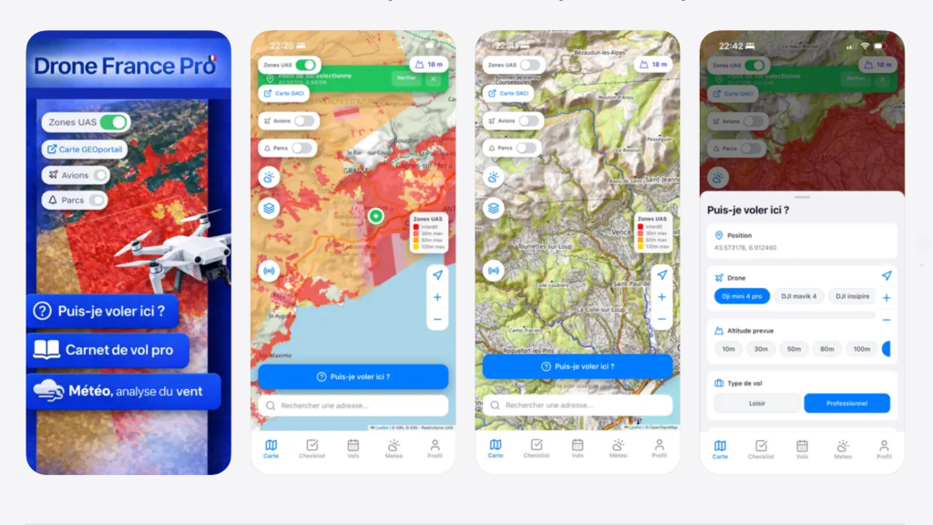 Aperçu des différents écrans de l’appli pour drone Drone France Pro présentant la carte des zones réglementées UAS, le relief topographique et l’outil de simulation de vol.